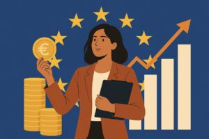 Mujer sosteniendo una moneda de euro frente a gráficos de crecimiento