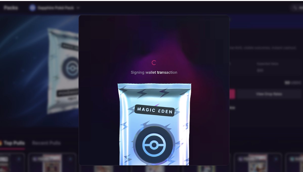 Paquete de Pokémon NFT con logo de Magic Eden en pantalla