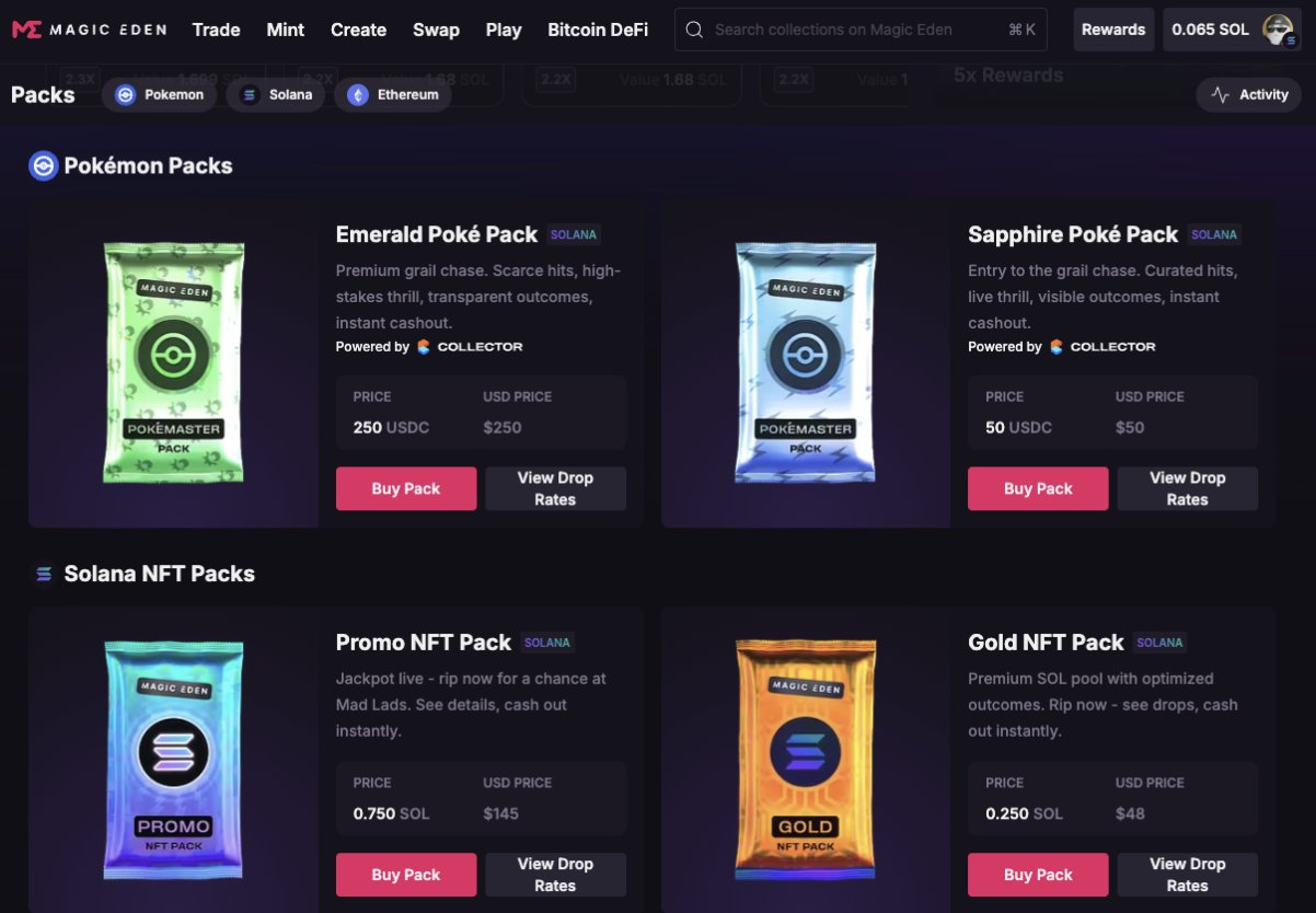 Imagen de paquetes de Pokémon NFT en Magic Eden.