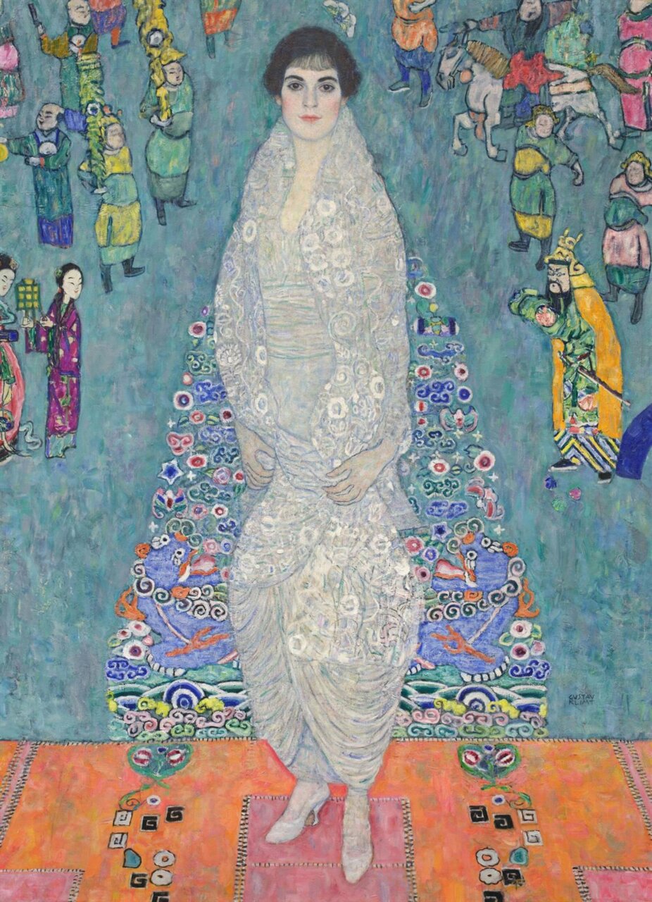 Retrato de Elisabeth Lederer con fondo colorido y detalles ornamentales.