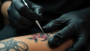 Tatuador trabajando en un diseño floral en la piel de un cliente.