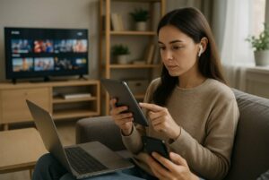 Mujer usando tablet y móvil en un entorno digital conectado