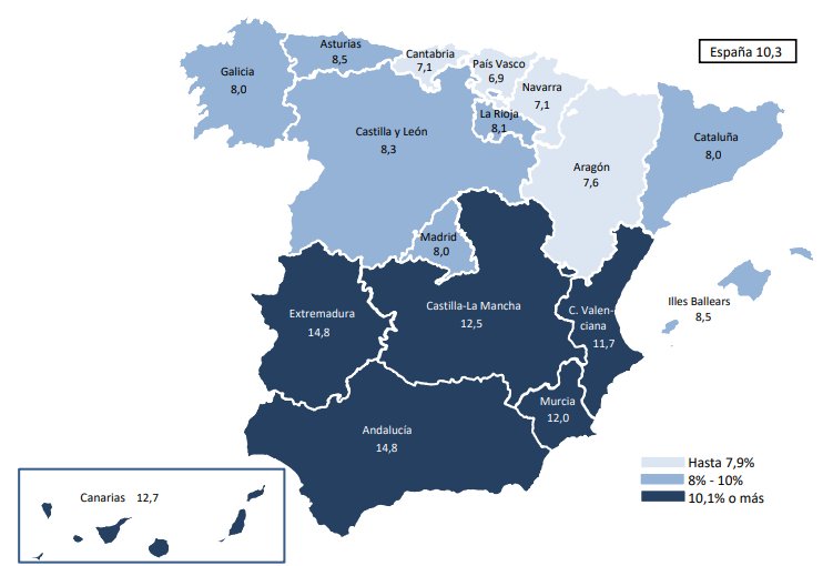 Mapa de Espa&ntilde;a mostrando las tasas de paro por comunidad aut&oacute;noma en 2025