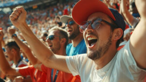 Aficionados de fútbol aplaudiendo y animando en un estadio lleno.
