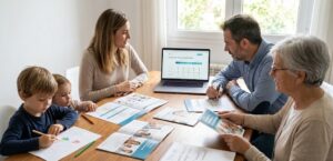 Familia discutiendo sobre opciones de seguro de salud en una mesa