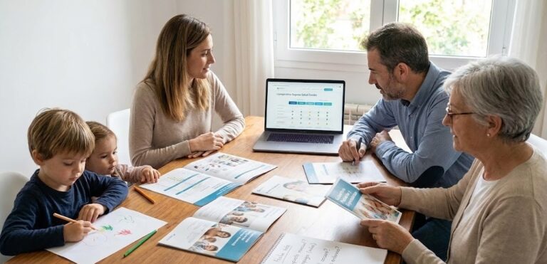 Familia discutiendo sobre opciones de seguro de salud en una mesa