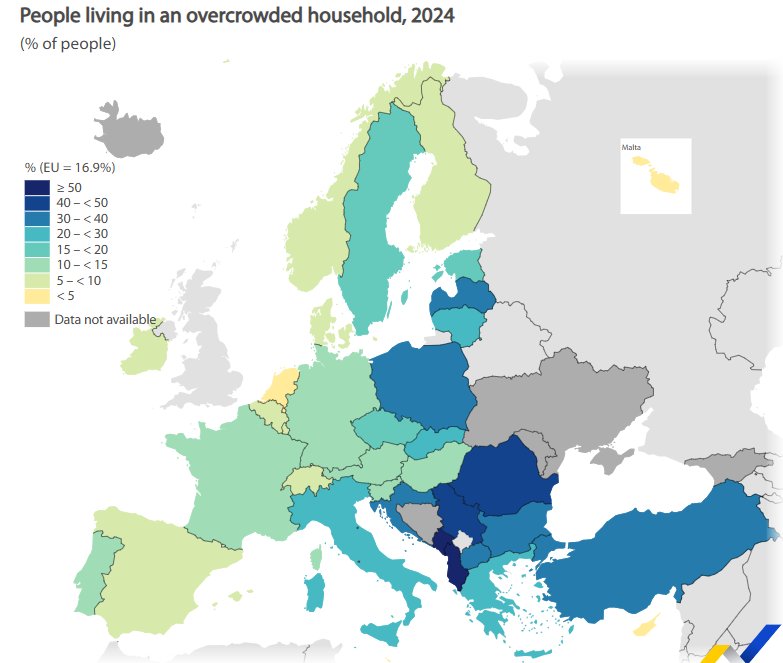 Mapa de Europa mostrando el porcentaje de hogares superpoblados en 2024