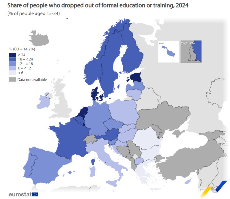Mapa que muestra el abandono escolar en Europa por pa&iacute;ses en 2024.