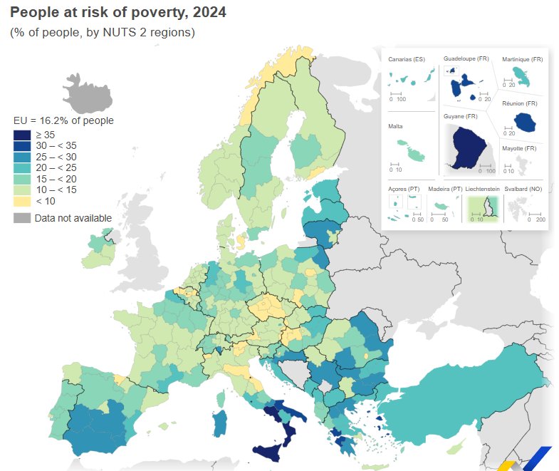 Mapa de regiones de la UE con riesgo de pobreza en 2024