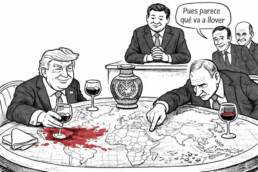 Vi&ntilde;eta humor&iacute;stica sobre el nuevo orden mundial con l&iacute;deres pol&iacute;ticos