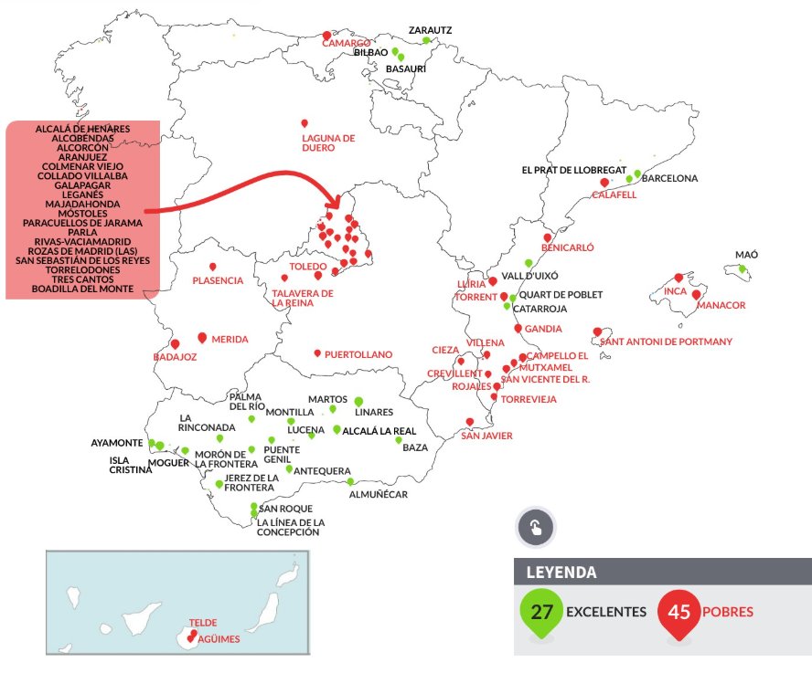 Mapa de Espa&ntilde;a mostrando ayuntamientos con inversi&oacute;n en servicios sociales