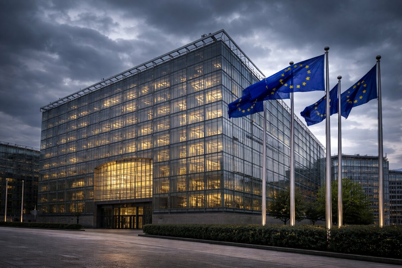 Edificio de la Uni&oacute;n Europea en Bruselas con banderas ondeando bajo un cielo nublado