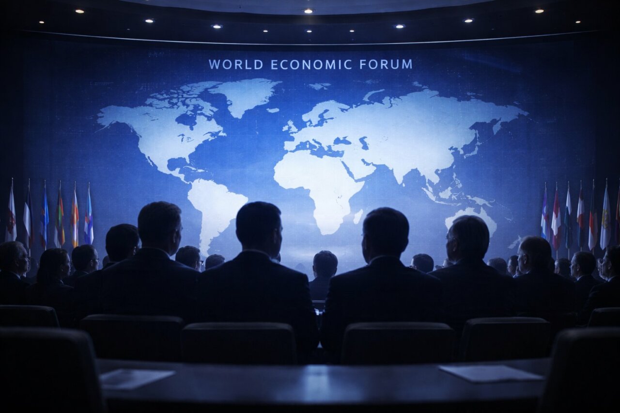Sala de conferencia del Foro Econ&oacute;mico Mundial con l&iacute;deres globales y un mapa del mundo