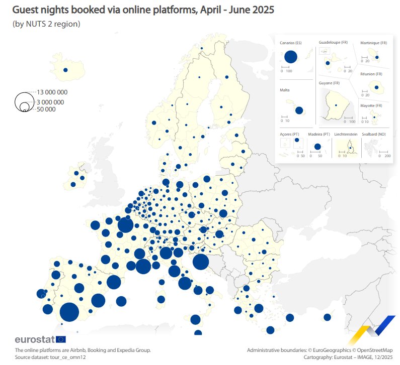 Mapa de reservas de viviendas turísticas en Europa por región