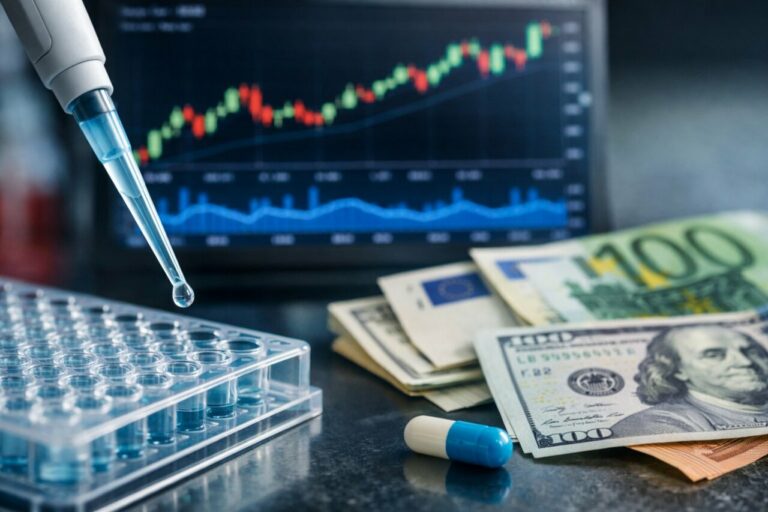 Pipeta sobre un fondo de gr&aacute;ficos financieros y billetes