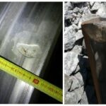 Muescas presentes en la rueda derecha del eje 13 del tren de Iryo (coche 4, primer eje del primer bogie) y posible punto de colisi&oacute;n con la cabeza del carril. (Foto: CIAF)