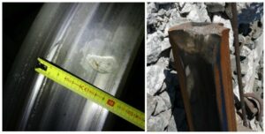 Muescas presentes en la rueda derecha del eje 13 del tren de Iryo (coche 4, primer eje del primer bogie) y posible punto de colisi&oacute;n con la cabeza del carril. (Foto: CIAF)