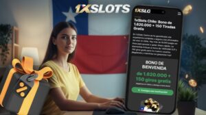 Mujer sonriente frente a un tel&eacute;fono mostrando promociones de 1xSlots en Chile