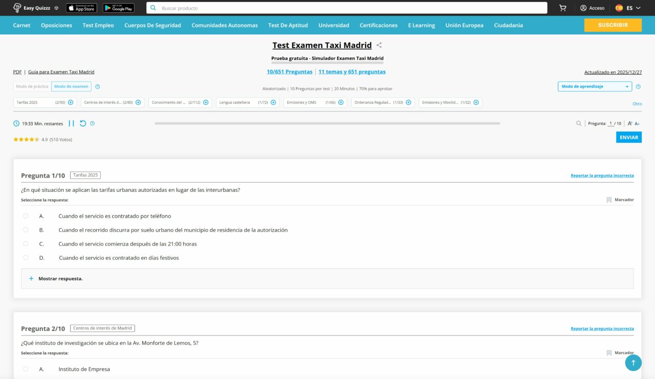 Simulador de examen para taxistas en Madrid con preguntas y respuestas.