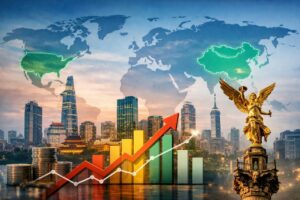 Gr&aacute;ficos de crecimiento econ&oacute;mico con fondo de ciudades y mapa mundial