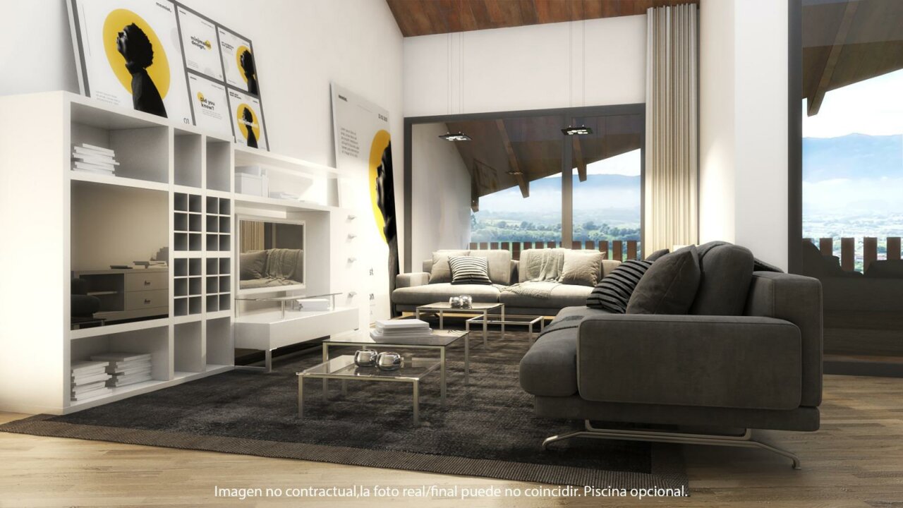 Interior de una casa prefabricada moderna con dise&ntilde;o elegante y vistas al paisaje