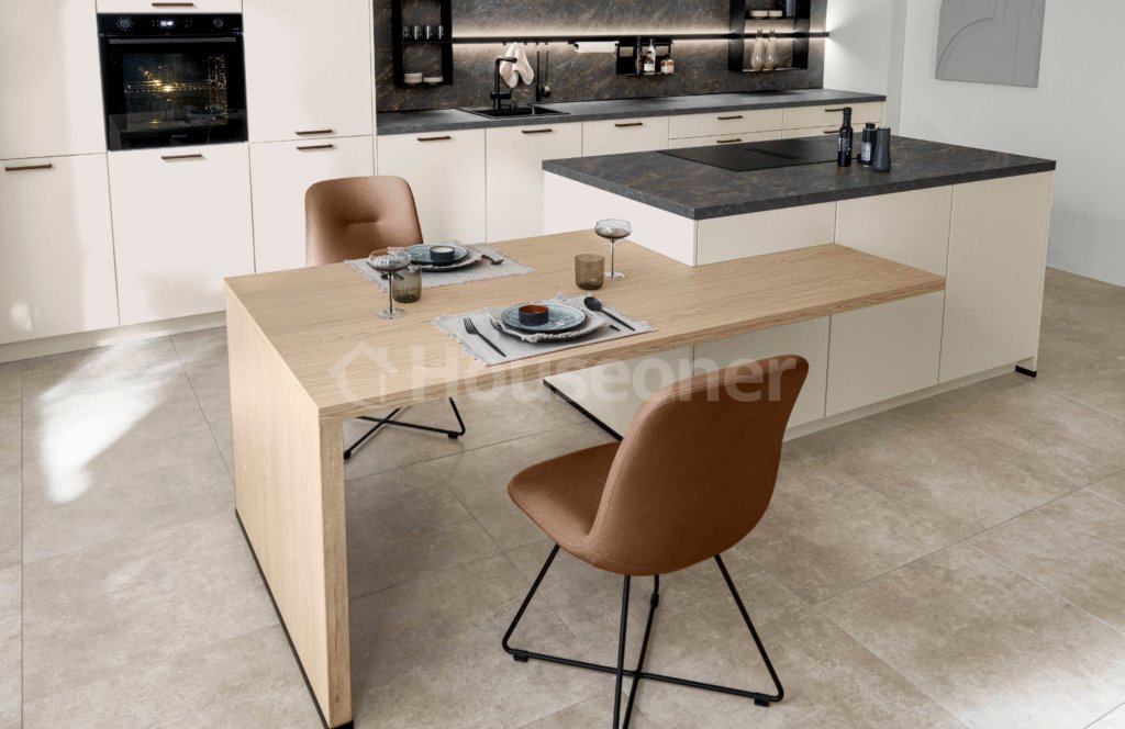 Interior de una cocina moderna con mesa de madera y sillas