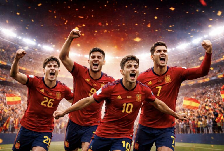 Jugadores de la selecci&oacute;n espa&ntilde;ola de f&uacute;tbol celebrando en el estadio
