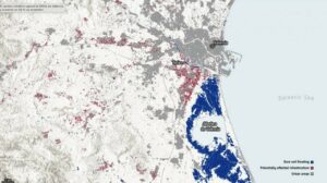 Mapa generado por LIST que ilustra la extensi&oacute;n de la inundaci&oacute;n sobre &aacute;reas tanto de suelo desnudo como urbanizadas en Valencia y sus alrededores. / ESA &ndash; Setinel-1