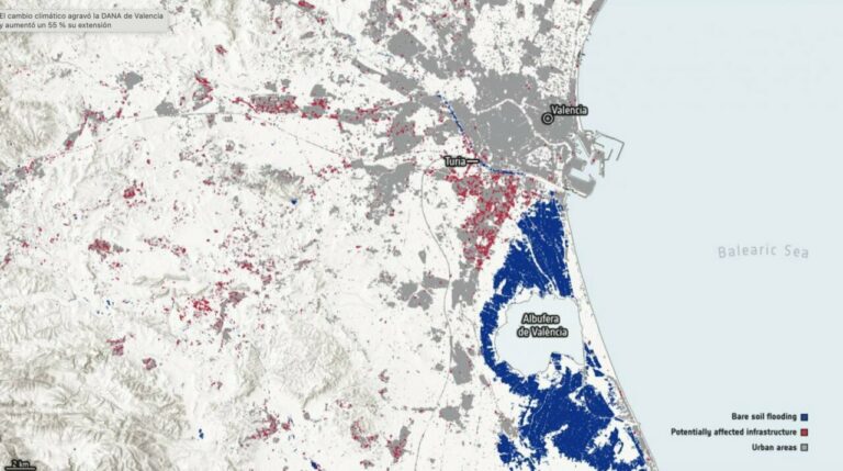 Mapa generado por LIST que ilustra la extensión de la inundación sobre áreas tanto de suelo desnudo como urbanizadas en Valencia y sus alrededores. / ESA – Setinel-1