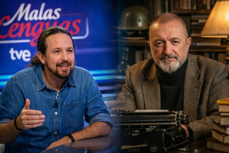 Pablo Iglesias y P&eacute;rez-Reverte en el programa Malas Lenguas de TVE