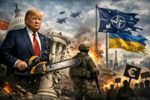 Donald Trump sosteniendo una motosierra en un entorno ca&oacute;tico