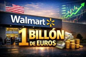 Fachada de Walmart con el texto 1 bill&oacute;n de euros y gr&aacute;ficos financieros