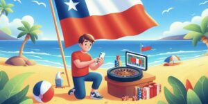 Ilustraci&oacute;n de un joven apostando en la playa con la bandera de Chile.