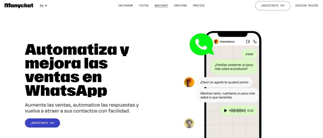 Interfaz de ManyChat mostrando un chatbot en WhatsApp