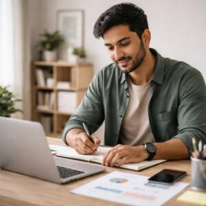 Estudiante tomando notas mientras estudia en su escritorio