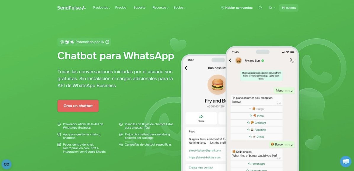 Interfaz de chatbot para WhatsApp de SendPulse mostrando opciones de men&uacute;.