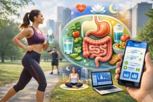 Mujer corriendo con botella de agua y gr&aacute;ficos de salud