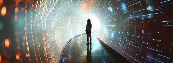 Persona de pie en un túnel iluminado con efectos digitales
