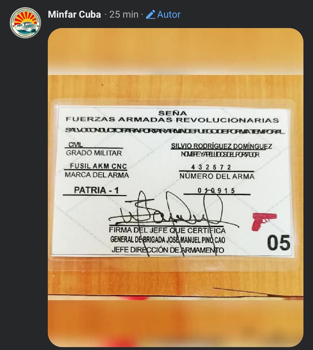 Documento que certifica el fusil de Silvio Rodr&iacute;guez con detalles del arma.