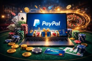 Imagen de un ordenador port&aacute;til con el logo de PayPal y fichas de casino