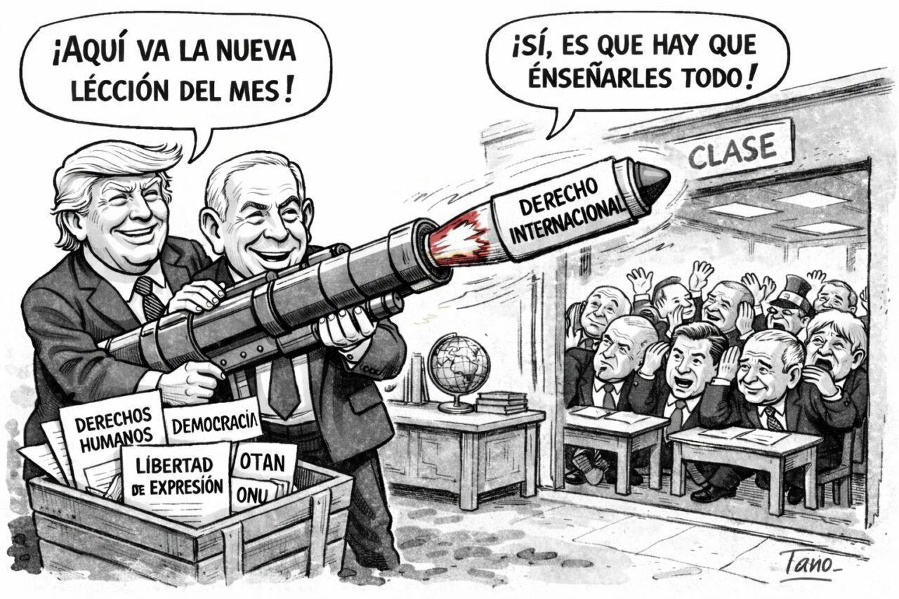 Vi&ntilde;eta sat&iacute;rica sobre Trump y Netanyahu ense&ntilde;ando Derecho Internacional
