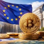 Monedas de Bitcoin con la bandera de la Unión Europea de fondo