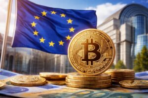 Monedas de Bitcoin con la bandera de la Uni&oacute;n Europea de fondo