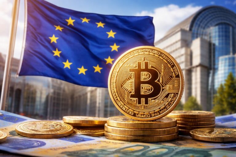Monedas de Bitcoin con la bandera de la Uni&oacute;n Europea de fondo
