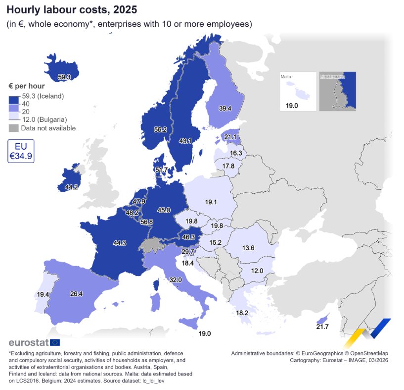 Mapa de costes laborales por hora en Europa en 2025