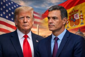 Donald Trump y Pedro S&aacute;nchez frente a banderas de EEUU y Espa&ntilde;a