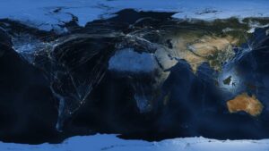 Visualizaci&oacute;n del tr&aacute;fico a&eacute;reo global en un solo a&ntilde;o creada como parte del proyecto de investigaci&oacute;n Clean Sky 2. / DLR Earth Observation Center - Science communication and visualisation