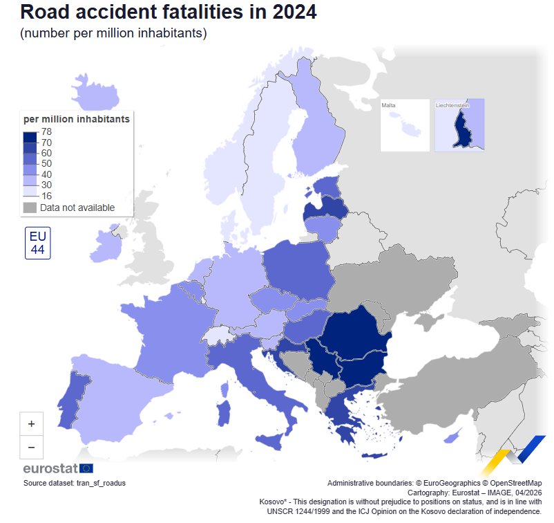 Mapa que muestra la mortalidad en carreteras de la UE en 2024