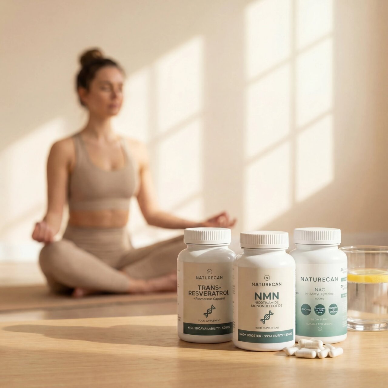 Mujer meditando con frascos de suplementos NMN y resveratrol