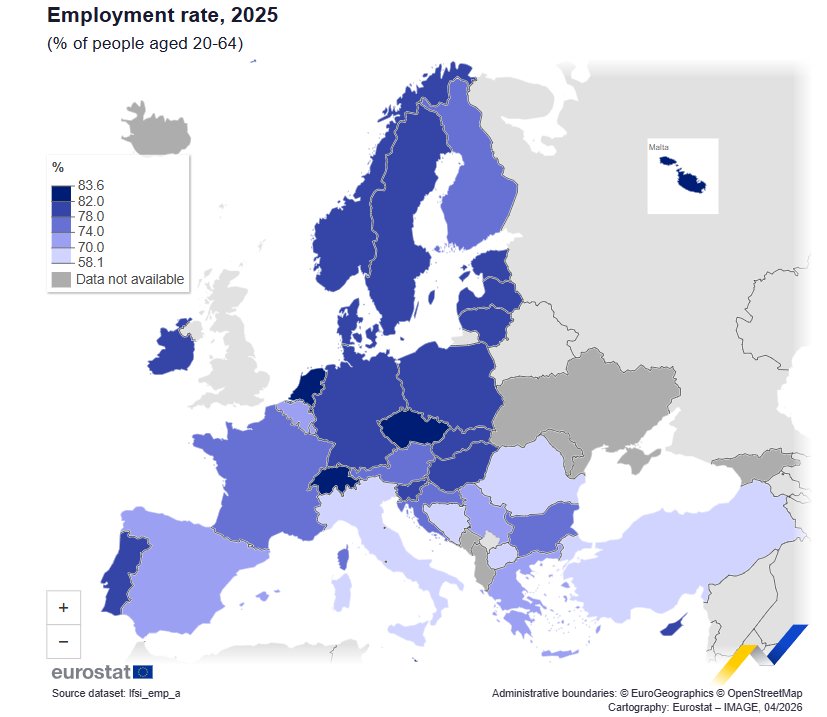 Mapa que muestra la tasa de empleo en Europa para el a&ntilde;o 2025.